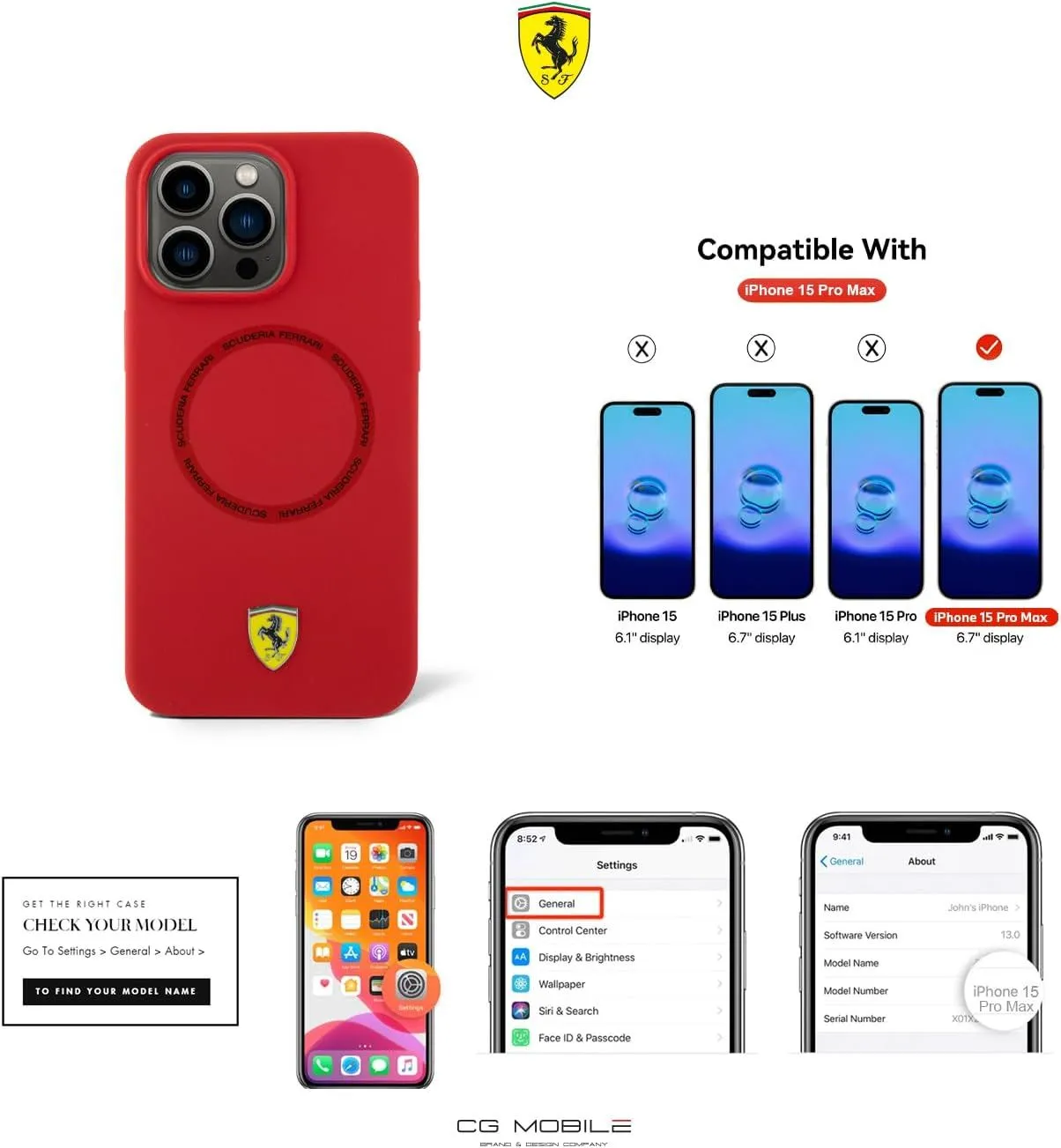 Ferrari Liquid Silicone Case Printed Ring with MagSafe for iphone 15 Pro Max 6.7" Red - FEHMP15XSBAR