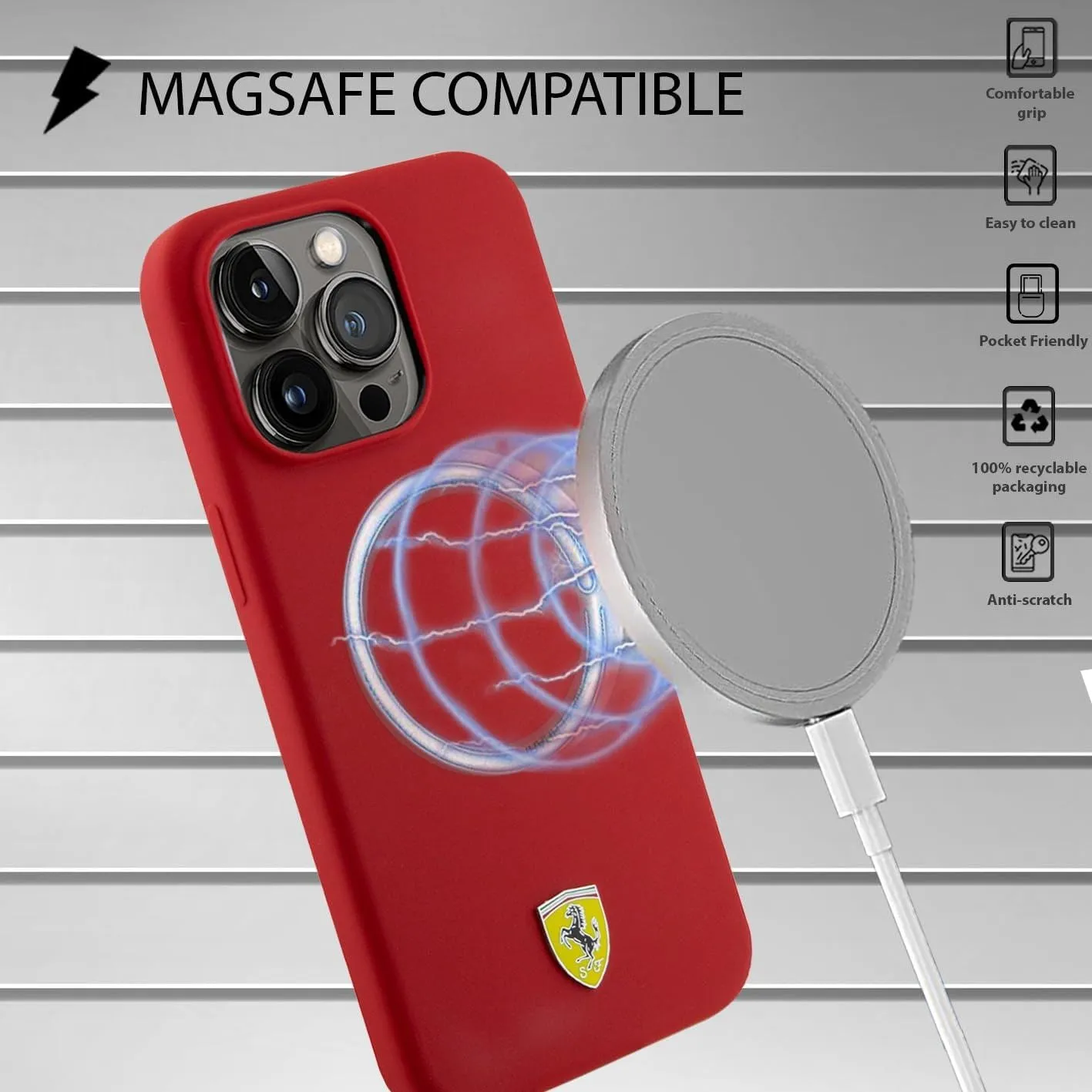 Ferrari Liquid Silicone Case Printed Ring with MagSafe for iphone 15 Pro Max 6.7" Red - FEHMP15XSBAR