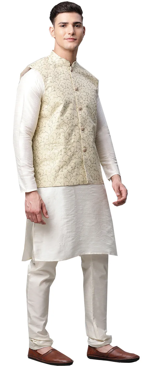 Floral Men's Embroidered Nehru Jackets from India (Gold)