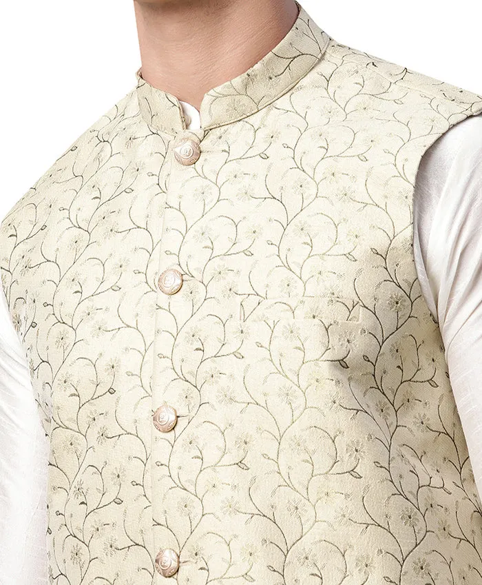 Floral Men's Embroidered Nehru Jackets from India (Gold)