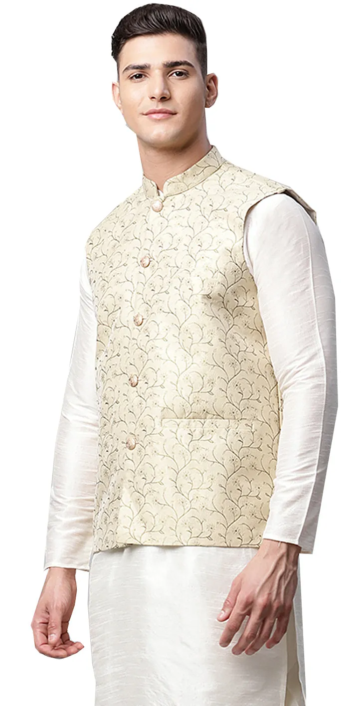 Floral Men's Embroidered Nehru Jackets from India (Gold)