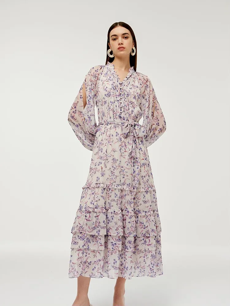 Floral Printed Tiered Women Maxi Dress With Belt