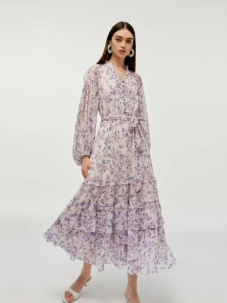 Floral Printed Tiered Women Maxi Dress With Belt