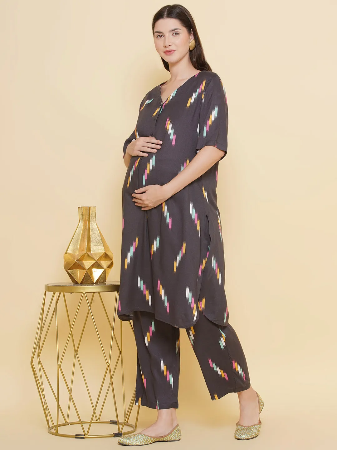 Grey Printed Maternity & Nursing Kurta Set