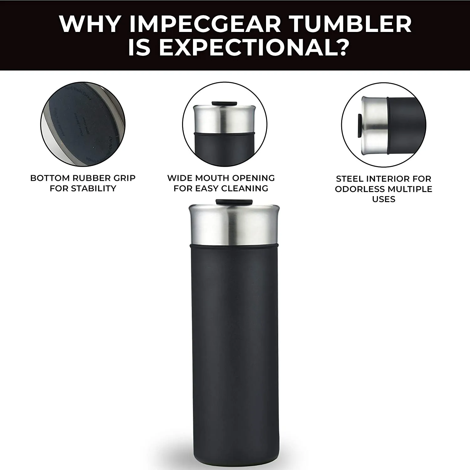 ImpecGear Tumbler for Wine, Coffee, Tea & Drinks 18oz, 100% BPA Free 18/8 Stainless-Steel Tumbler, Double Wall Insulation Hot & Cold Travel Mug with Leak-Proof Lid & Mouth Tip (SUNM4023-Black)