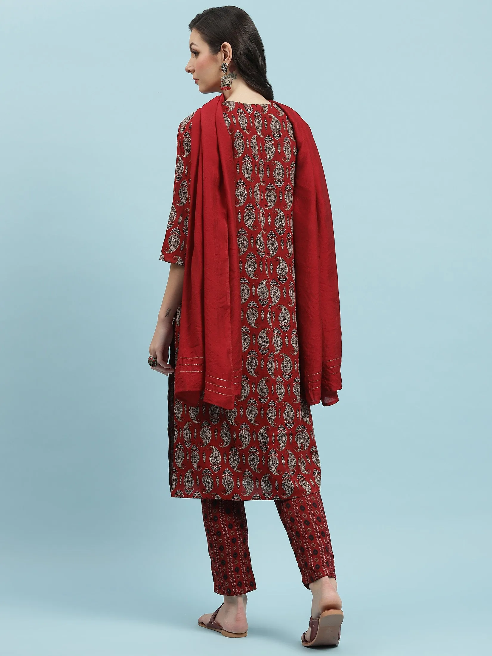 Indiessence Red Paisley Printed Kurta Trouser Dupatta