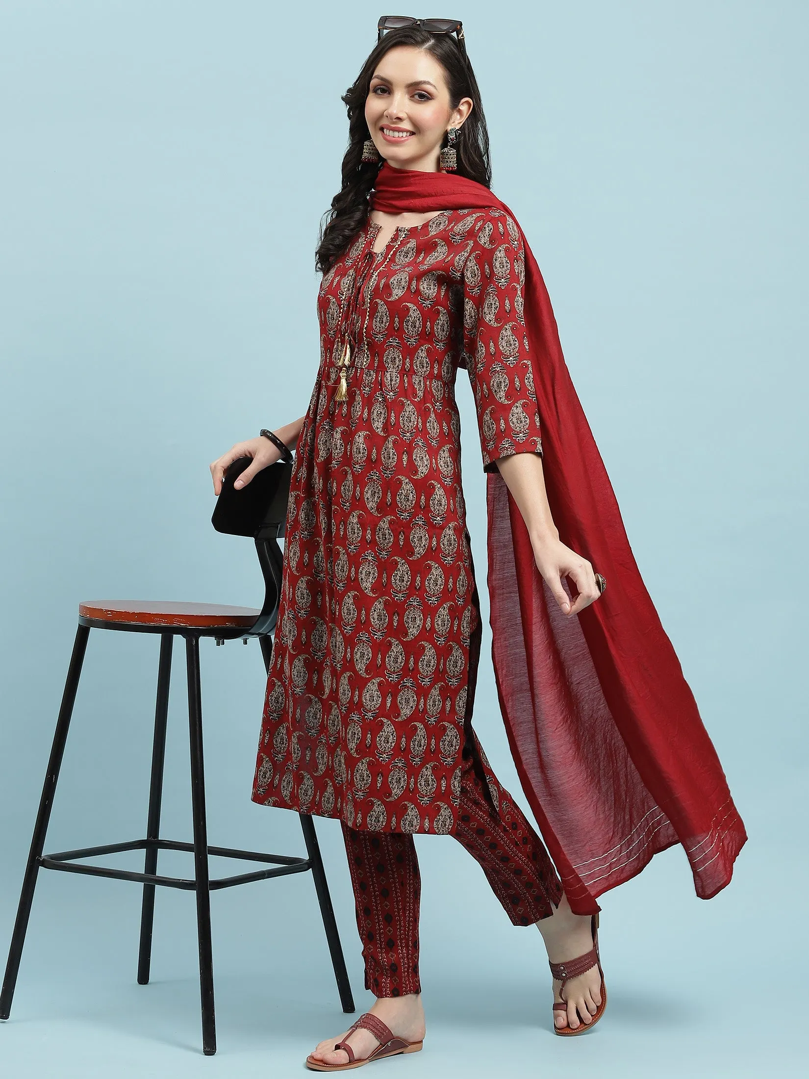 Indiessence Red Paisley Printed Kurta Trouser Dupatta