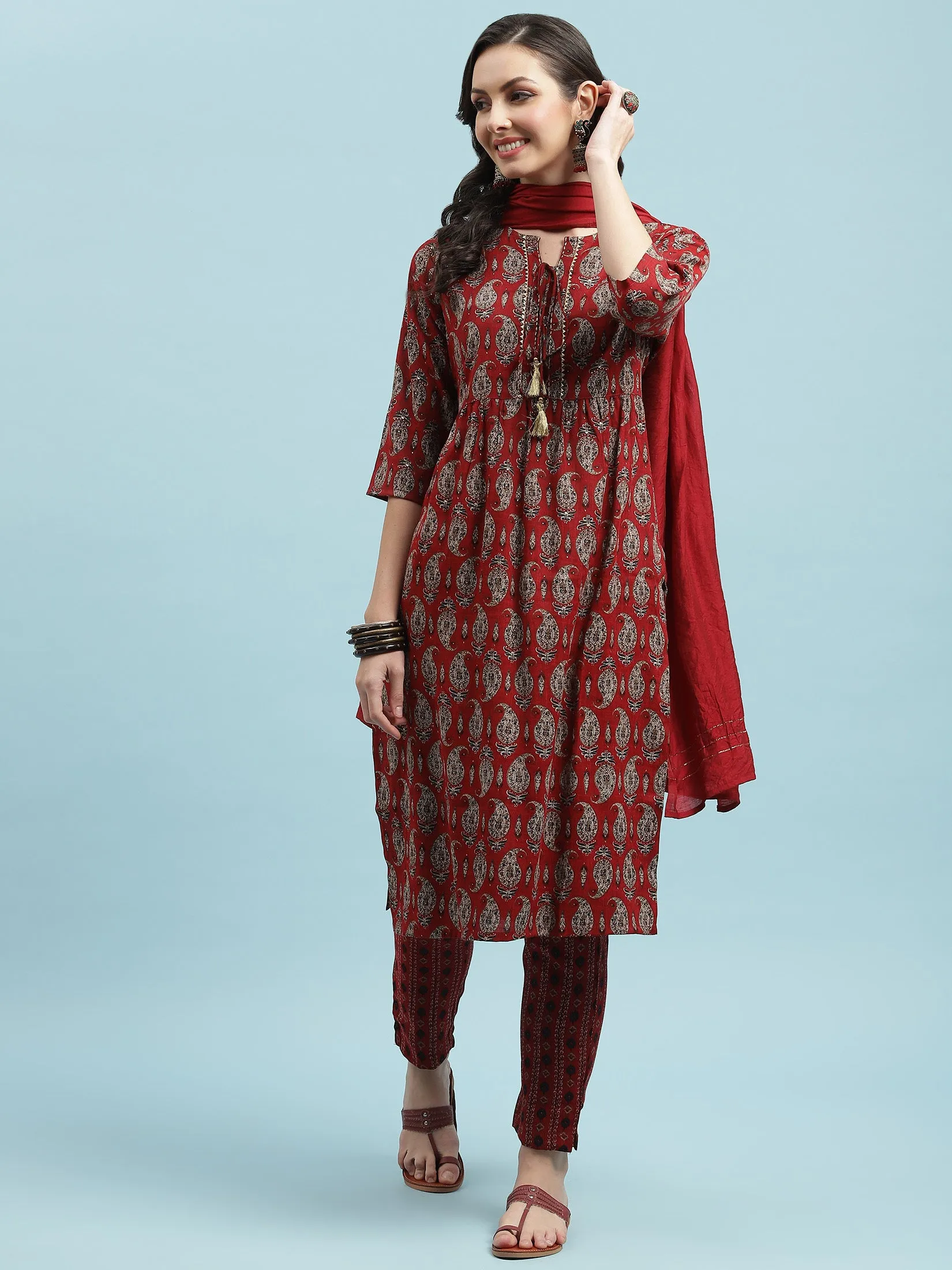 Indiessence Red Paisley Printed Kurta Trouser Dupatta