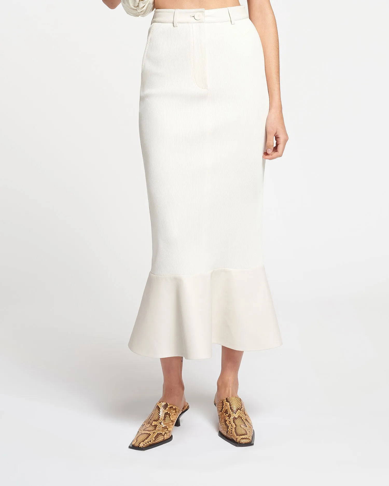 Jenace - Leather-Trimmed Ribbed-Jersey Skirt - Creme