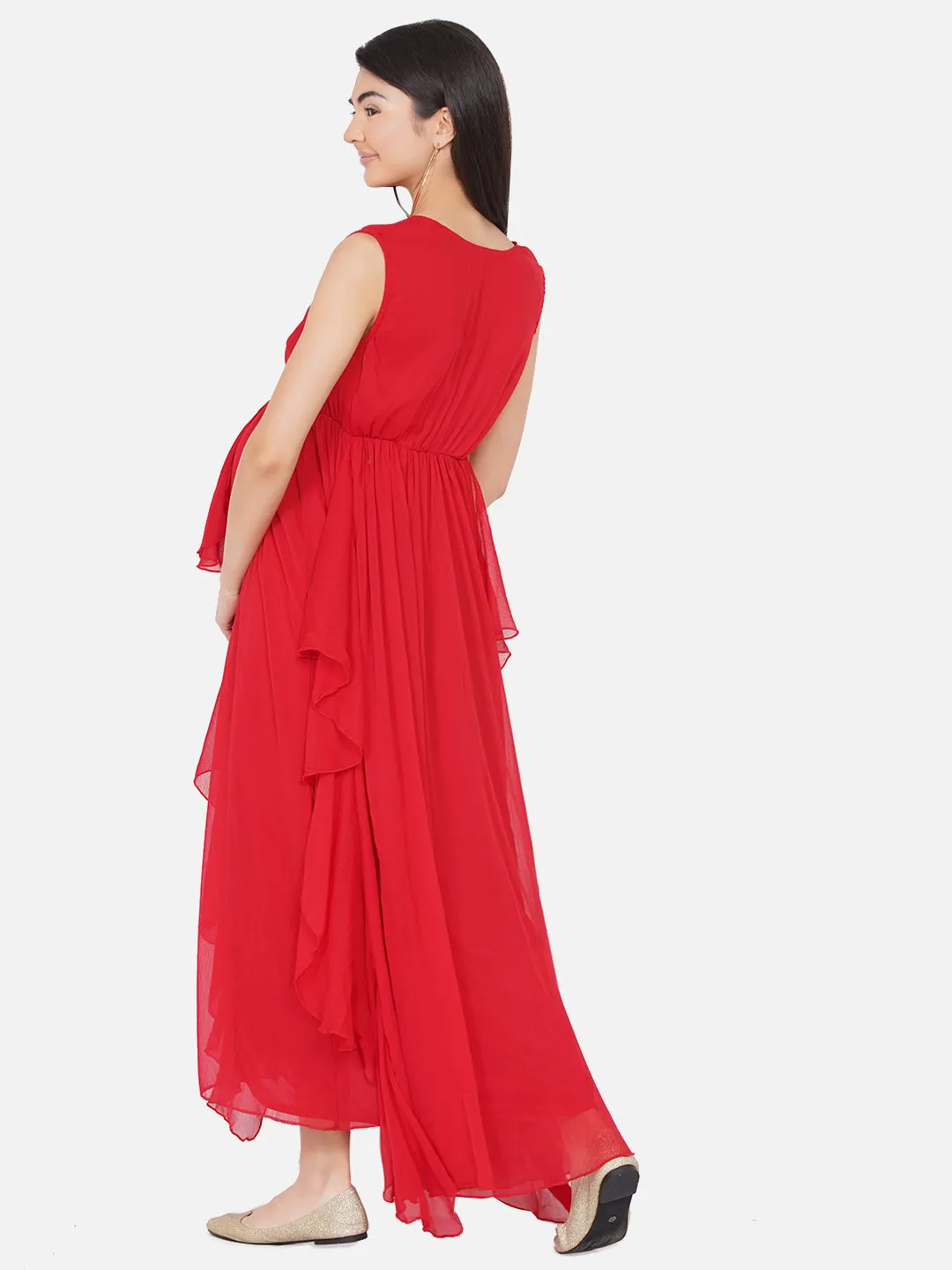 Maternity Solid Red Color Long Maxi Baby Shower Dress