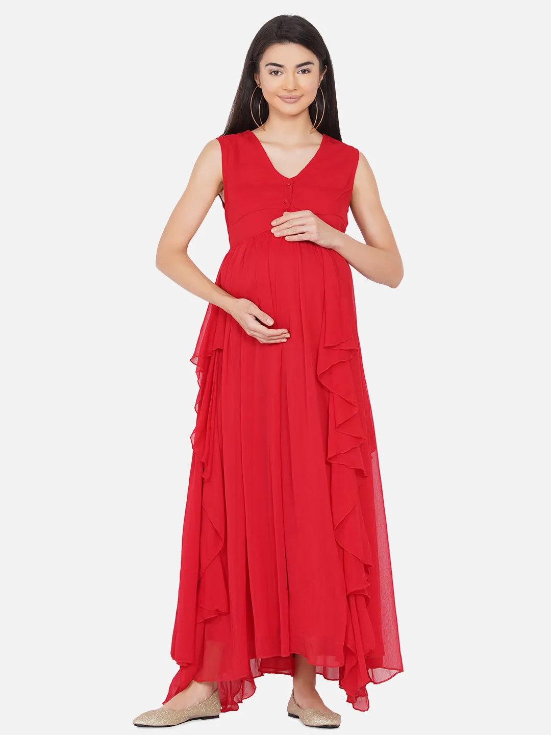 Maternity Solid Red Color Long Maxi Baby Shower Dress