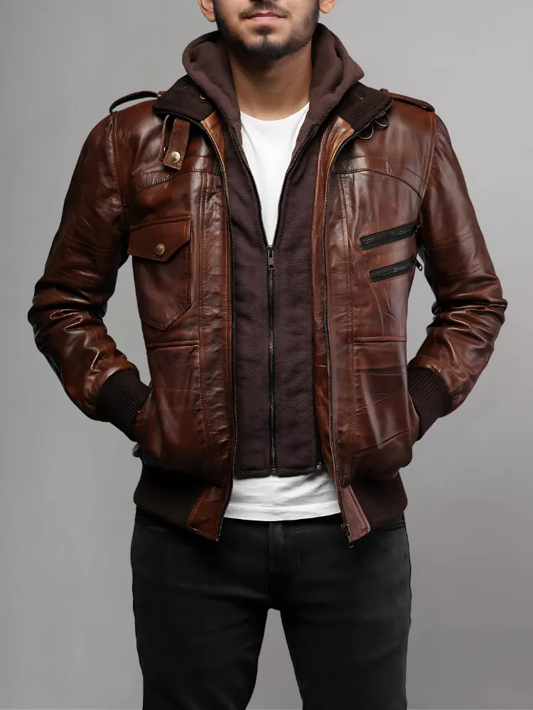 Mens Removable Hood Bomber Leather Jacket