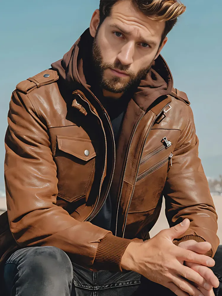 Mens Removable Hood Bomber Leather Jacket