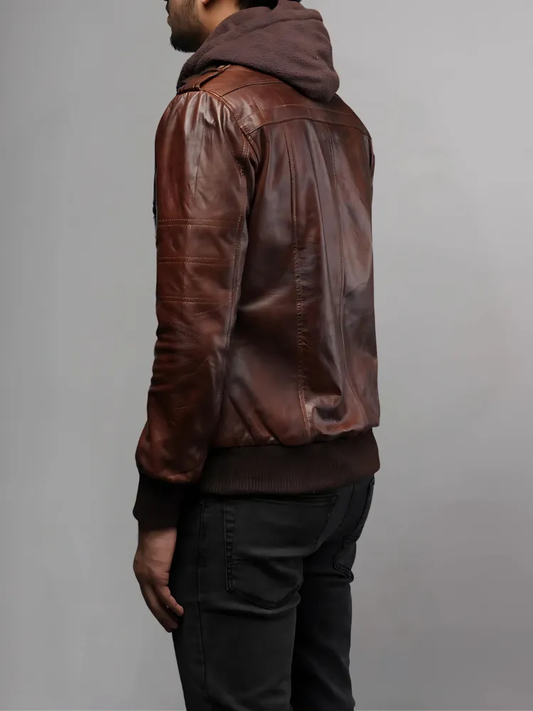 Mens Removable Hood Bomber Leather Jacket