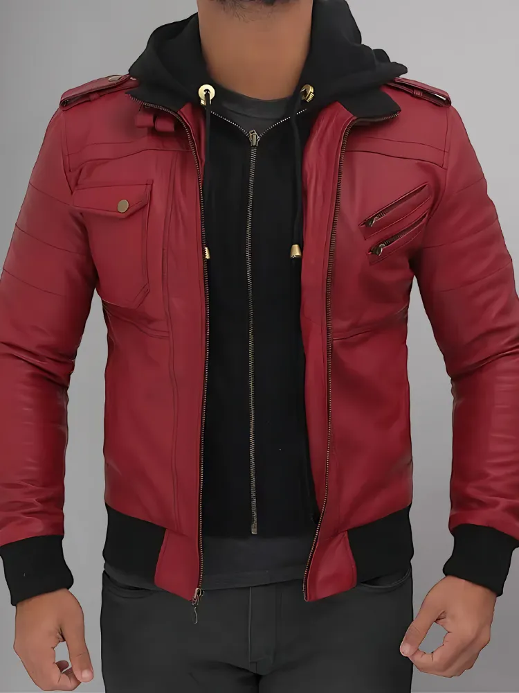 Mens Removable Hood Bomber Leather Jacket