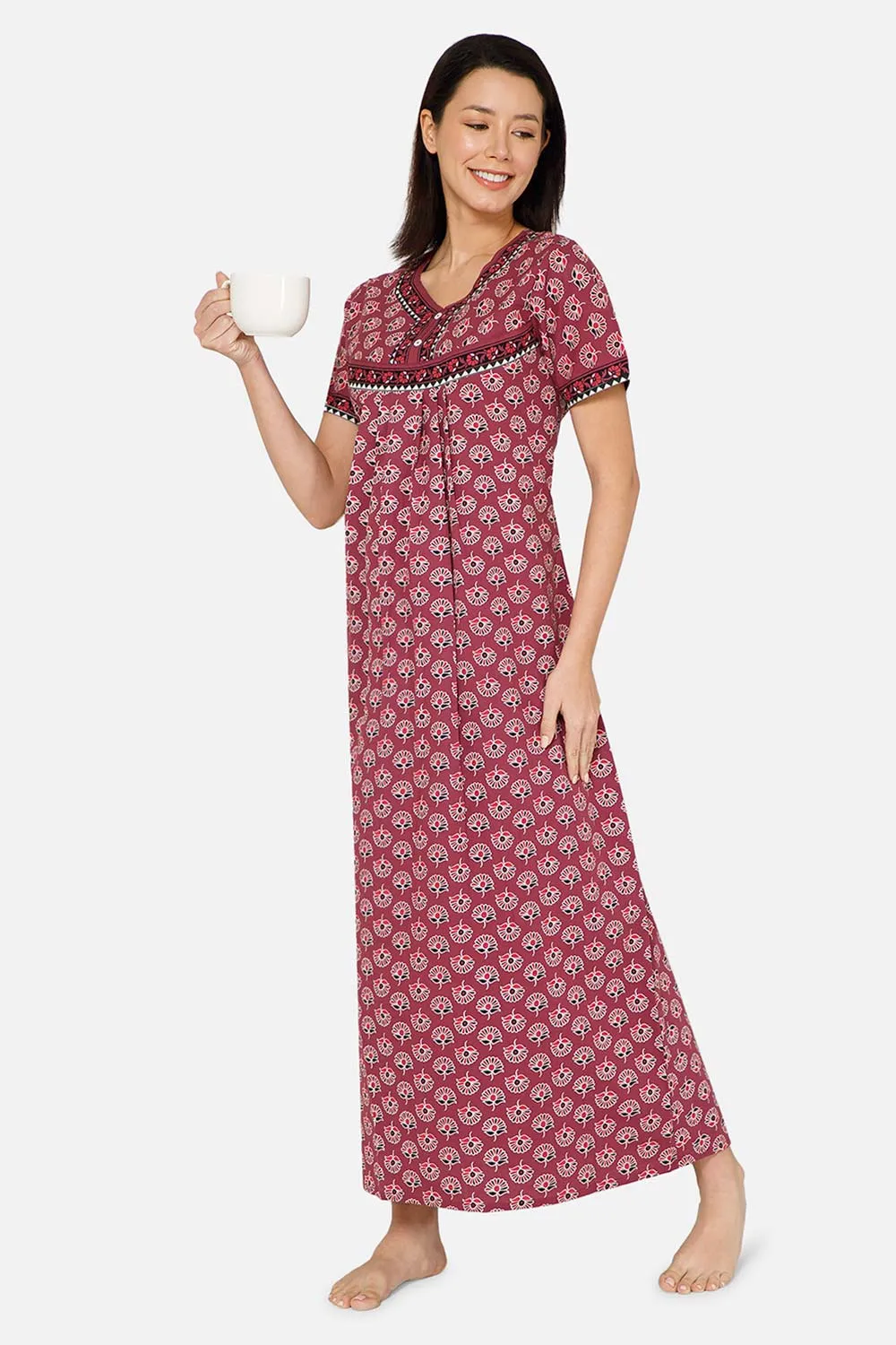 Naidu Hall Pleated Women's Nighty Full Length Half Sleeve  - Light Purple - R126