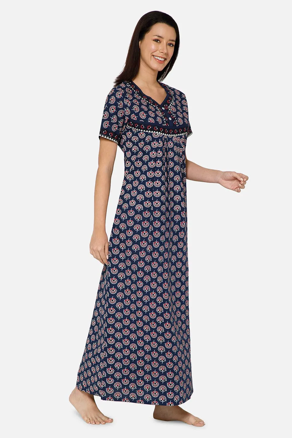 Naidu Hall Pleated Women's Nighty Full Length Half Sleeve  - Navy Blue - R126