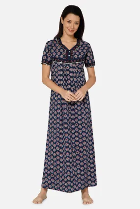 Naidu Hall Pleated Women's Nighty Full Length Half Sleeve  - Navy Blue - R126