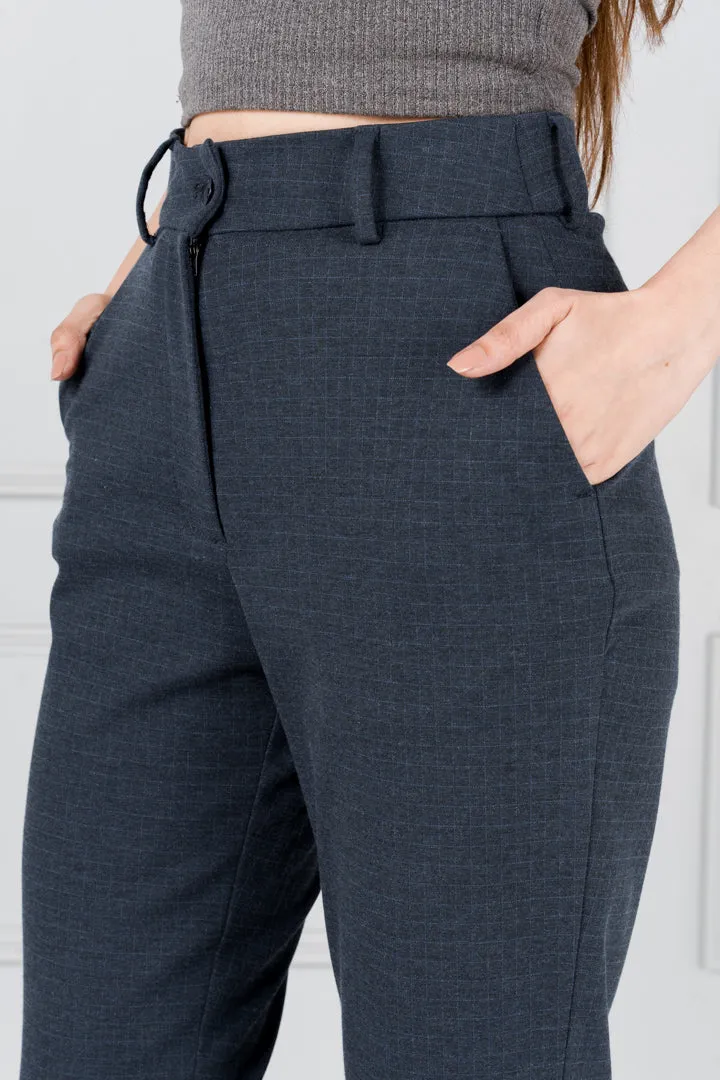 Navy Blue Checks Power-Stretch Pants - Women