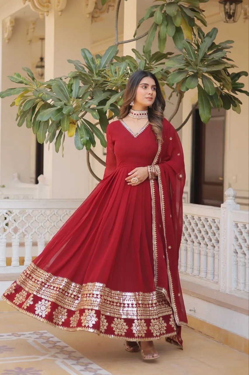 Party wear Embroidery Sequin Women's Gown Dupatta Suit Maroon