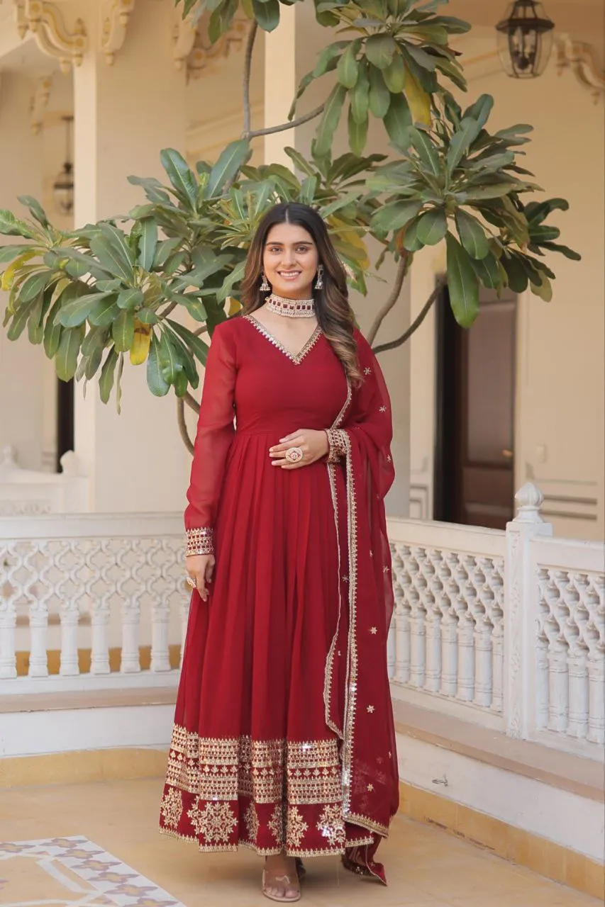 Party wear Embroidery Sequin Women's Gown Dupatta Suit Maroon