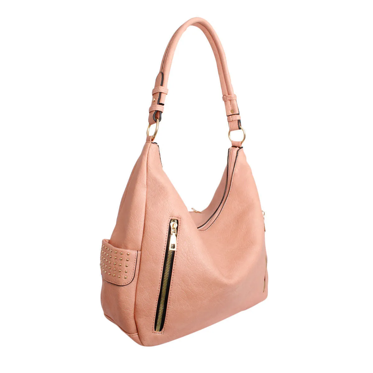 Pink and Gold Stud Faux Leather Hobo Bag