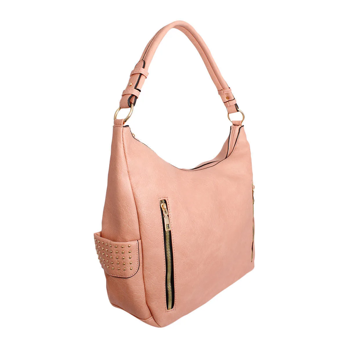 Pink and Gold Stud Faux Leather Hobo Bag