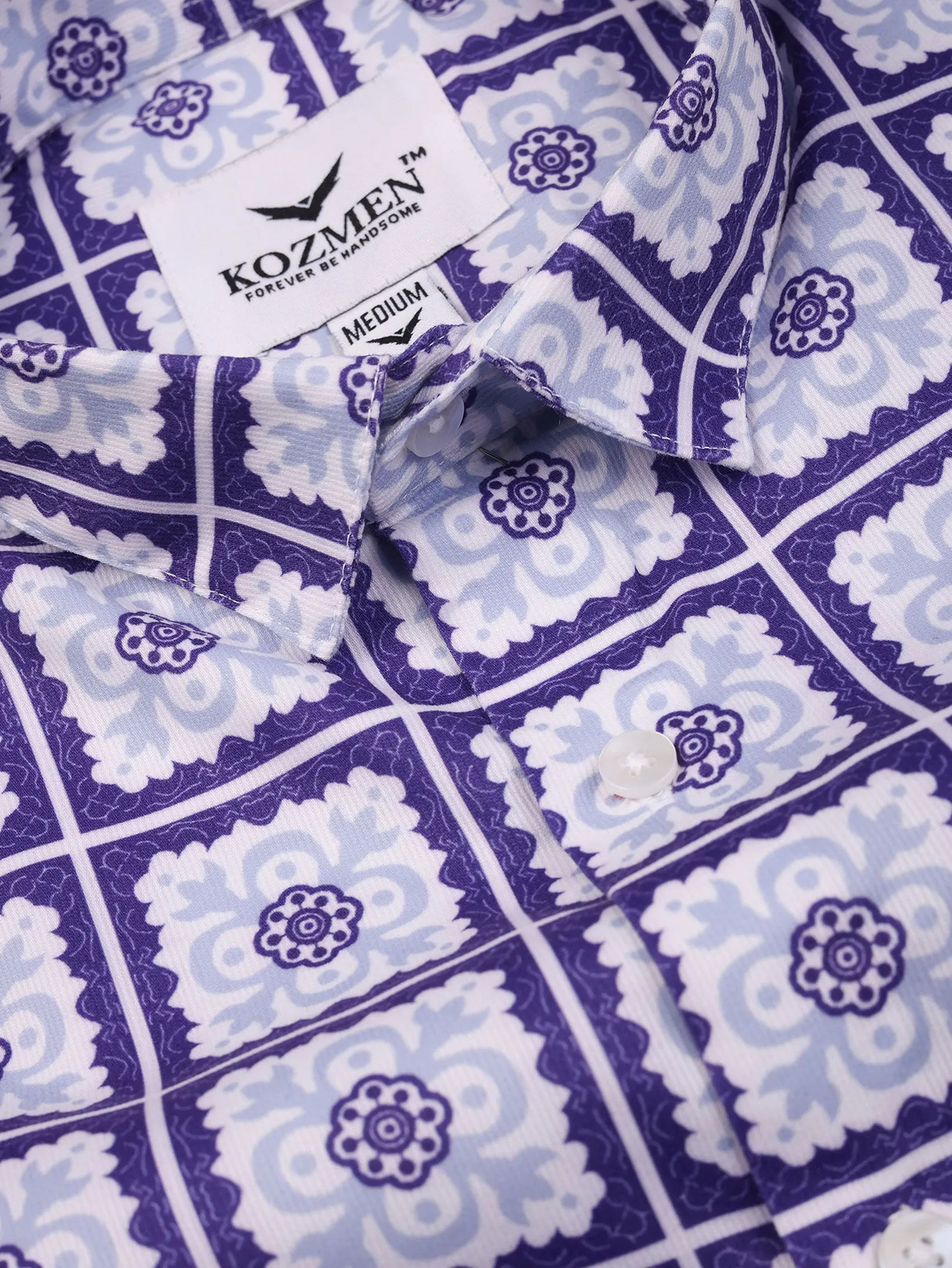 Purple & White Floral Print Partywear Shirt