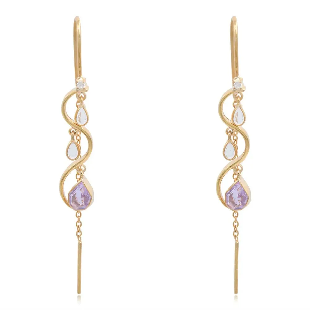 Silver 92.5 Sui Dhaga Earing With Amethyst And Polki Drops