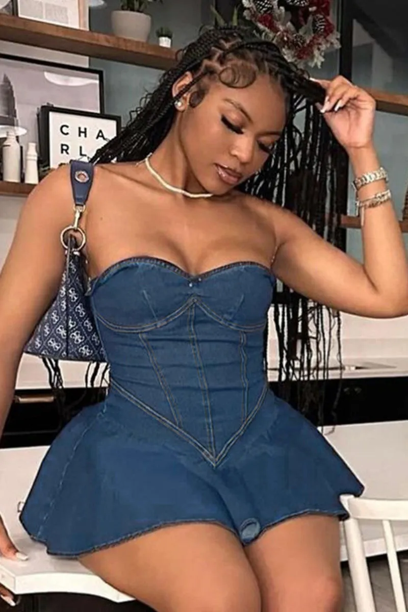 Strapless Corset Denim Print A Line Mini Dress