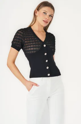 v-neck knit top with rhinestone buttons