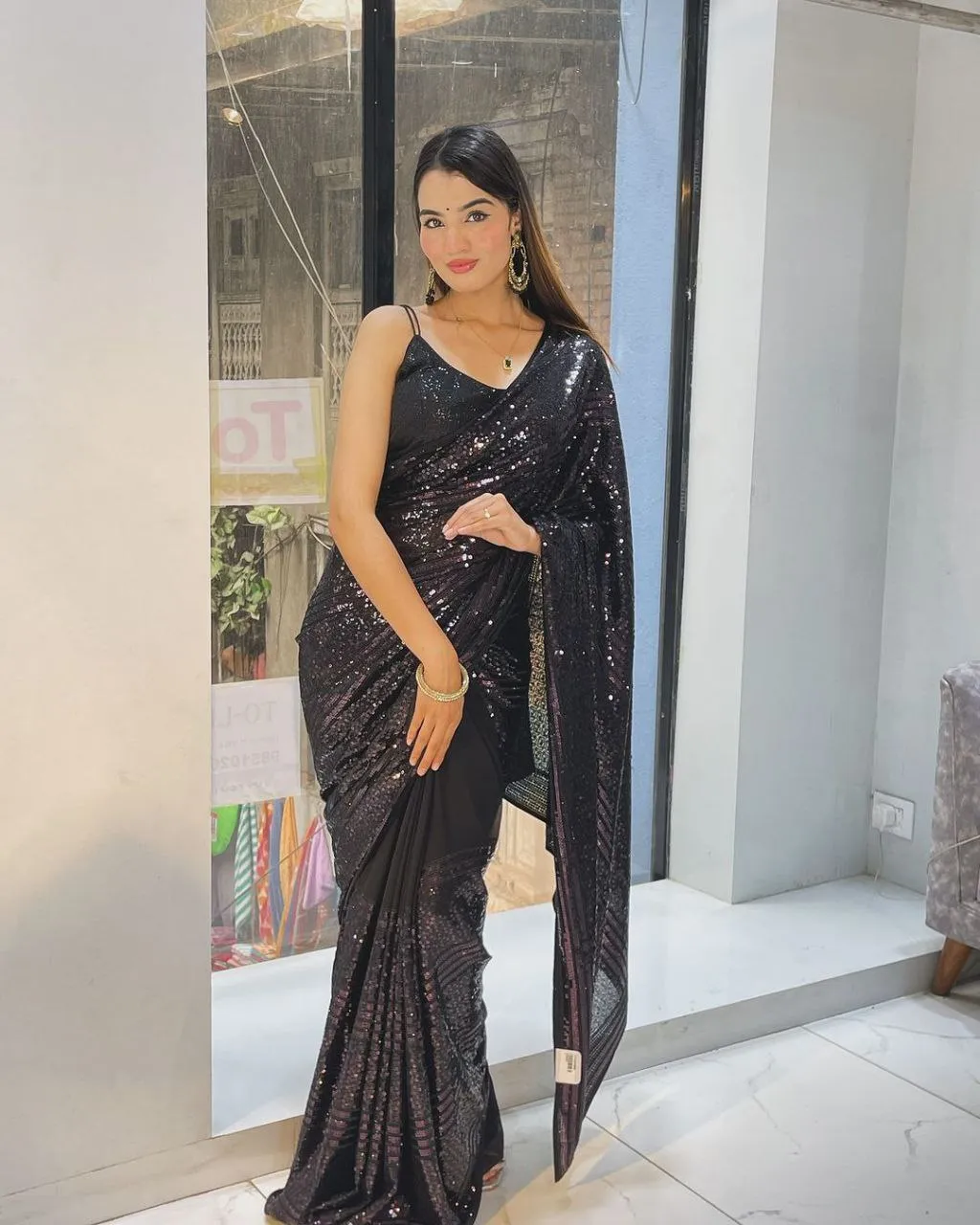 Women's Black Sequin Bollywood Party wear Saree