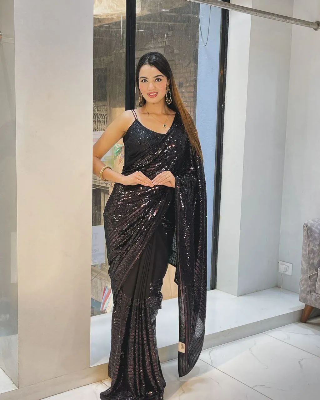 Women's Black Sequin Bollywood Party wear Saree