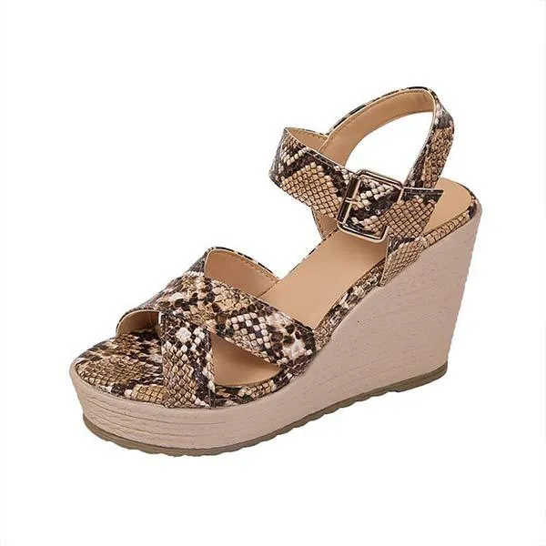 Women's Buckle Wedge Sandals with Snake Print and Thick Sole 54370794C